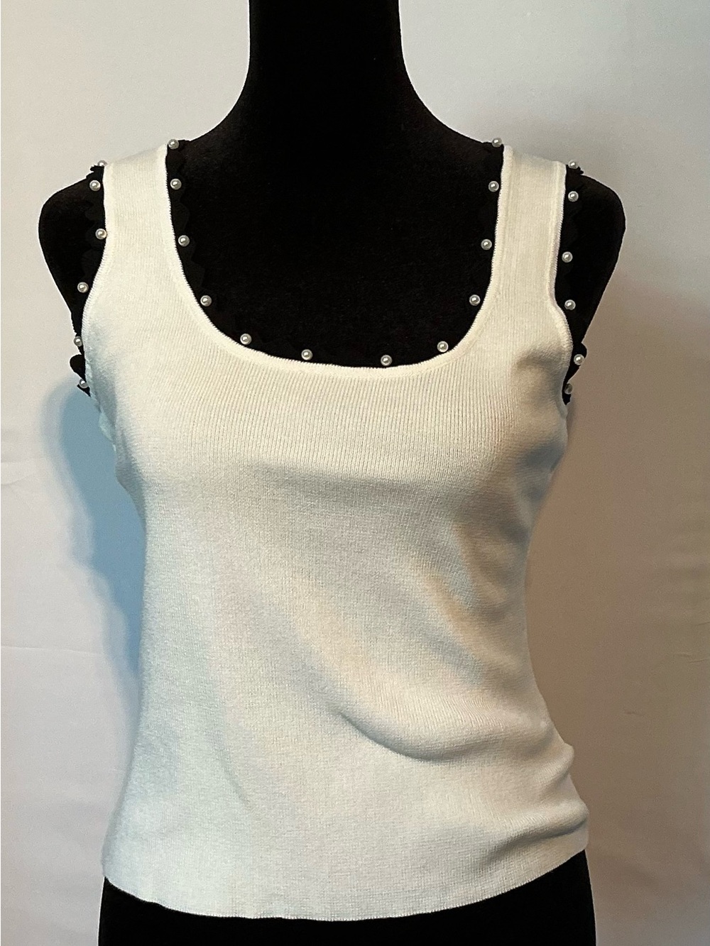 Pearl-Trim White Scoop Neck Tank Top